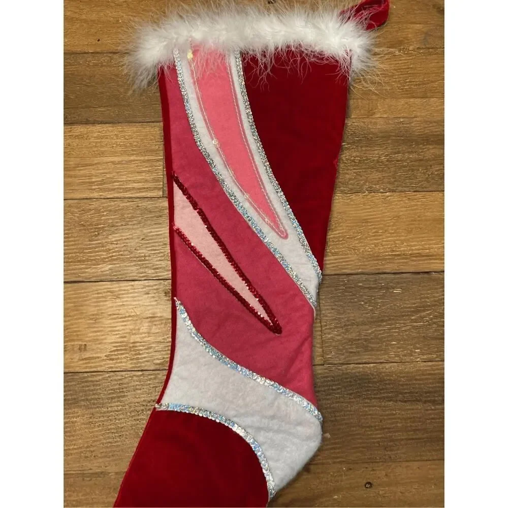 Pier 1 Christmas stocking contemporary pink red sequins faux fur NWT